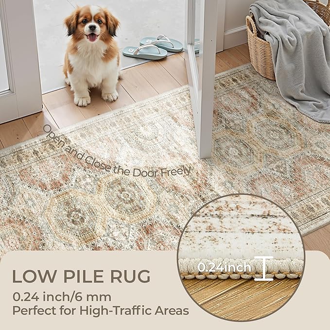 2x5 Rug Runner Washable for Entryway, Soft Bathroom Rugs with Non-Slip Backing, Abstract Low Pile Hallway Runner, Vintage Small Kitchen Carpet for Stair, Laundry Room(2'x5', Brown/Pink)