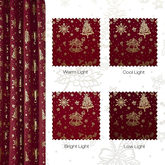 NICETOWN 2 Panels Red Christmas Curtains W42 x L63 in, Rod Pocket Gold Stamping Xmas Tree Printed Window Treatments for Bedroom, Living Room, Thermal & Privacy Draperies for Holiday Party Home Decor