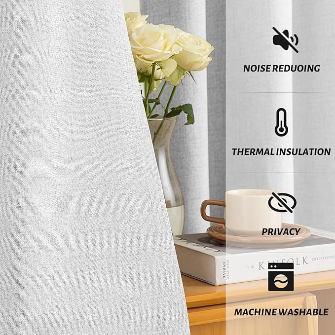 Yakamok White Linen Curtains 100% Blackout 72 Inches Long,Room Darkening Textured Drapes for Living Room Thermal Grommet Bedroom Curtains 2 Panels with Greyish White Liner