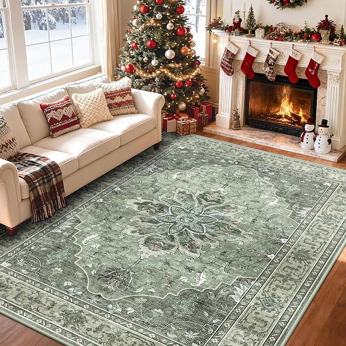 Area Rugs 5'x8' Washable Non-Slip, Floral Vintage Distress Print Pattern Medallion Carpet for Living Room Bedroom Dining Room, Dark Green Gray