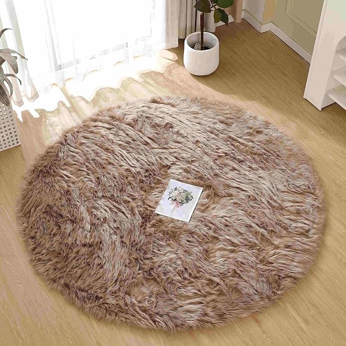 Goolela Circle Sheepskin Rug 5ft Round Fluffy Fuzzy Furry Carpet for Bedroom Living Room Shaggy Washable Soft - Light Brown Beige