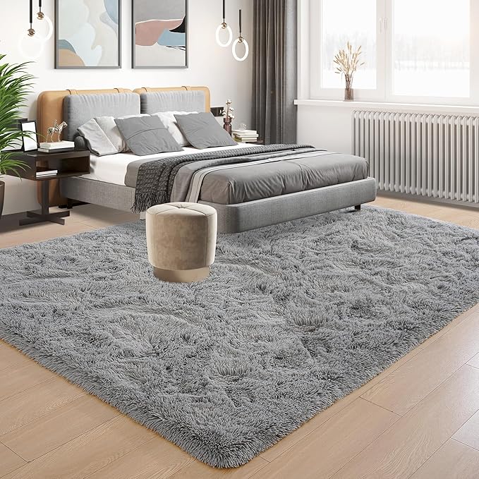 Tepook Super Soft Fluffy Rug for Bedroom, Modern Shaggy Fuzzy Kids Rugs for Living Room, Plush Indoor Nursery Home Decor Dorm Carpet with Non-Slip Bottom, Grey, 4 X 6 Feet