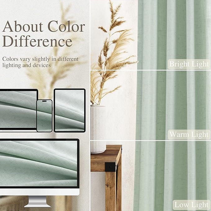 Nanspring Aqua Green Linen Curtains 108 Inches Long for Living Room Bedroom 2 Panels Set Extra Long Back Tab Curtain Light Filtering Sheer Drapes Floor to Ceiling Curtain for Large Windows 52x108