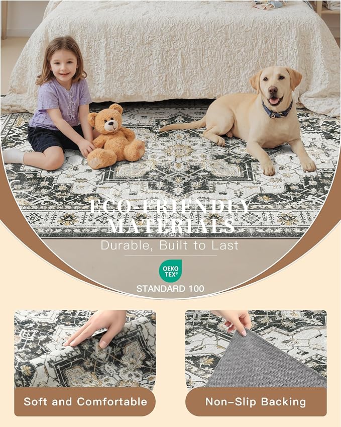 Madane Hallway Runner Rug 4x8 Wide: Washable Thin Runners for Hallways Entry, Non Slip Soft Vintage Kitchen Rugs Low Pile Carpet Runners for Living Room Bedroom Dining Room Foyer (Black, 4x8)