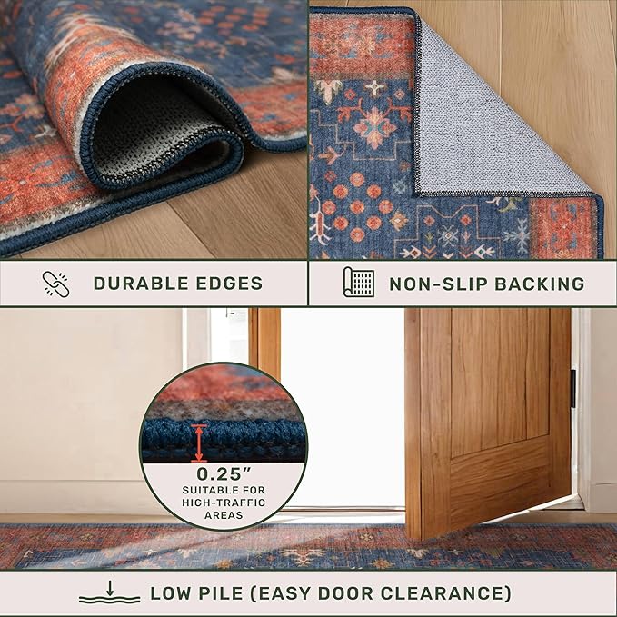 Hazo Haus Navy Blue Runner Rug 2x7 for Kitchen, Hallway, Mudroom, Laundry Room, Bathroom, Washable Non Slip Non Skid Rubber Backing Low Pile Stain Resistance