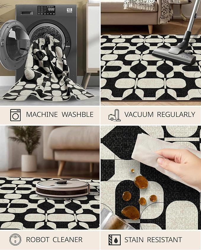 Latte&Fog 6x9 Area Rugs for Living Room Bedroom, Black Vintage Washable Rug, Boho Non Slip Low Pile Carpet for Indoor Dining Room, Dorm, Classroom,College Dorm,Farmhouse and Home Office - Black Beige