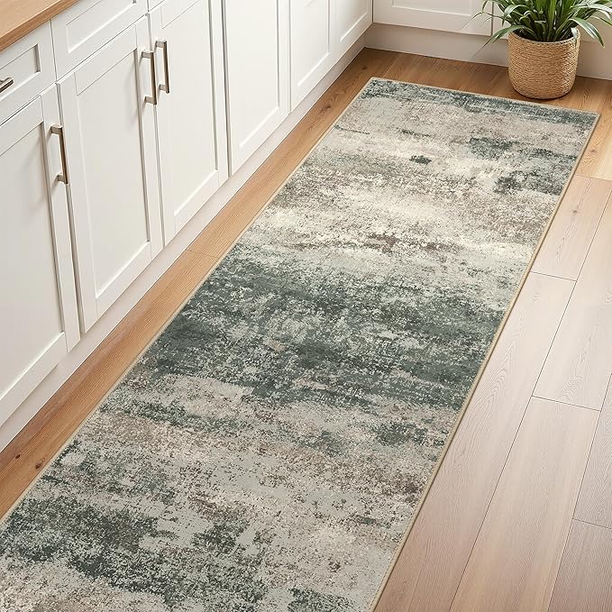 BEIMO Runner Rug for Hallway Kitchen, 2'x7' Machine Washable Runners Rug for Entryway, Soft Modern Abstract Throw Rugs, Low Pile Floor Cover with Non Slip Backing, Grey/Dark Green