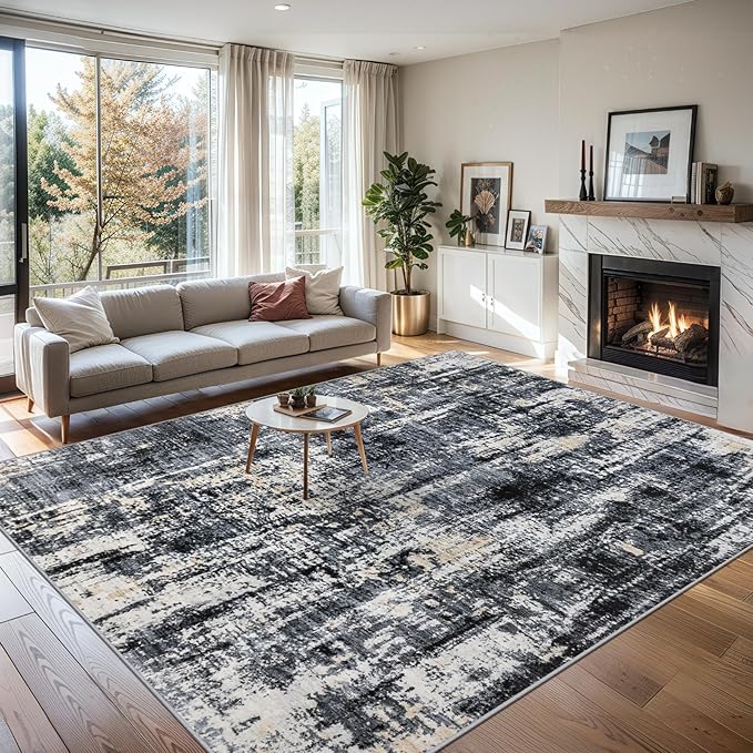 Area Rugs 10x14 Living Room - Washable Rug Modern Abstract Soft Large Neutral Non-Slip Carpet Indoor Floor Thin Carpets for Bedroom Dining Room Farmhouse Nursery Home Office Black Gold