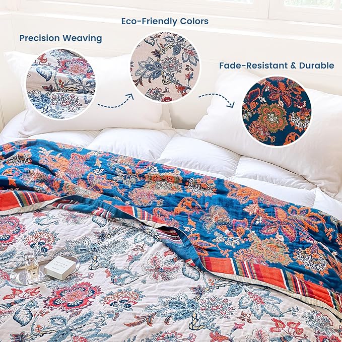 MSGKV Boho Throw Blanket 50"x60" 100% Cotton Floral Blanket for Couch Sofa Spring Breathable Lightweight Blankets All Seasons Home Decor Muslin