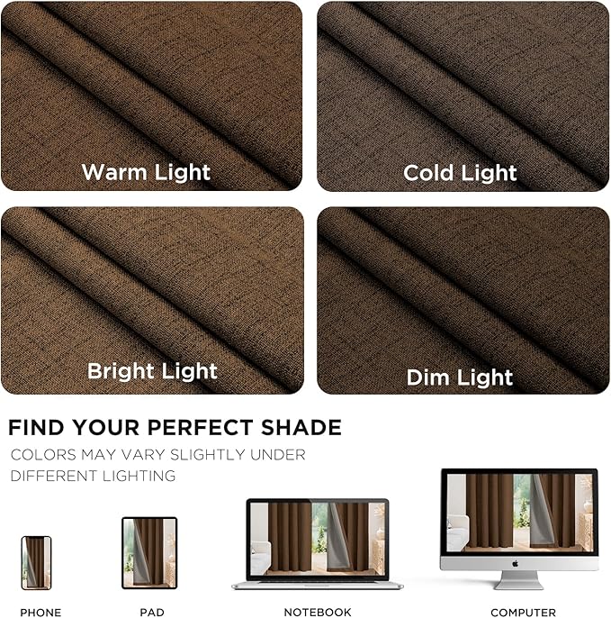 Joydeco Blackout Curtains for Bedroom - 100% Light Blocking 2 Panels Cappuccino Drapes 42" W x 72" L, Thermal Insulated Room Darkening Curtains, Linen Textured for Living Room, Rod Pocket & Back Tabs