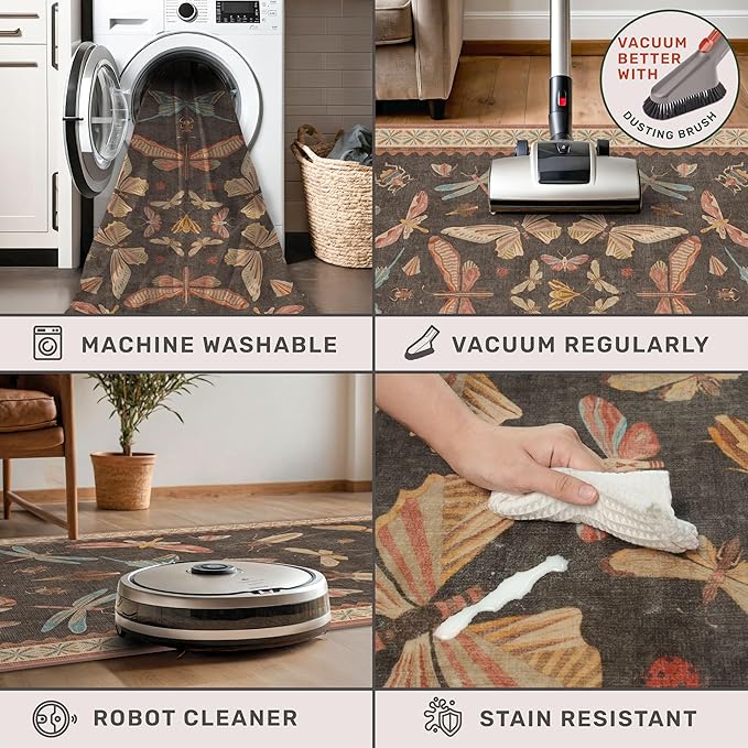 Hazo Haus 2'6"x8' 8ft Long Hallway Runner Rug, Stain Resistant Non-Slip Kitchen Floor Mats, Boho Front Door Rug Indoor Entrance, Whimsical Insect Moth Décor, Low Pile & Soft (Orange and Brown)