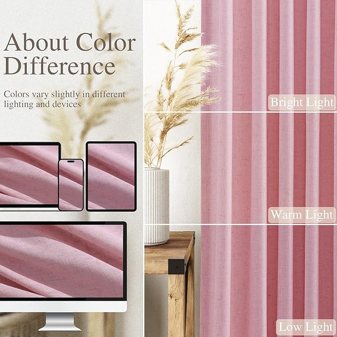 Nanspring Rose Linen Curtains 90 Inch Long 2 Panels Set Back Tab Rod Pocket Semi Sheer Light Filtering Boho Style Neutral Farmhouse Lightweight for Bedroom and Living Room 52x90