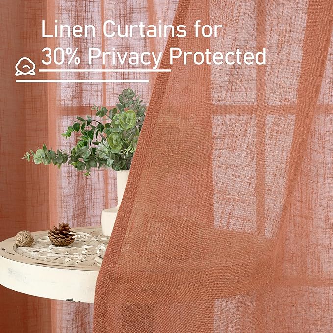 LAMIT Terracotta Linen Boho Curtains 80 inch Length, Light Filtering Semi Sheer Panels Back Tab and Rod Pocket Neutral Panels for Bedroom/Living Room, 52 x 80 Inch