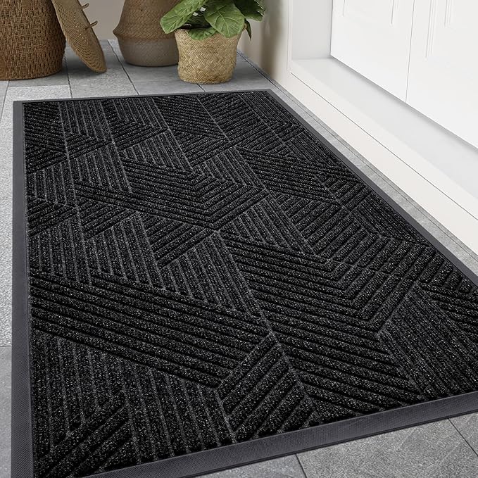 Smiry Front Door Mat Outside Entrance, Heavy Duty Sturdy Natural Rubber Doormat, Trap Dirt and Moisture, Easy Clean Low Profile Mats for Indoor Outdoor Entry, Irregular Triangle (47x30, Black)