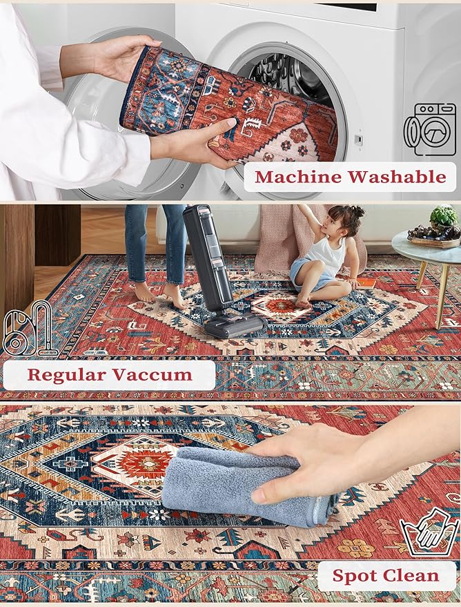 SERISSA Runner Rug for Hallways, 2'6"x8' Washable Non Slip Boho Kitchen Runner Rug, Vintage Rust Ultra Soft Print Distressed Tribal Floor Carpet for Bedroom Bathroom Laundry Room