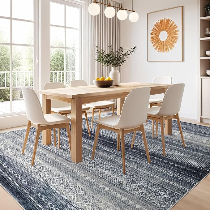 Nakagishi 10x14 Area Rugs Living Room: Washable Boho Large Neutral Modern Soft Stain Resistant Farmhouse Indoor Rug Non-Slip Accent Carpet for Bedroom Nursery Kids Playroom Office Dining Room- Blue