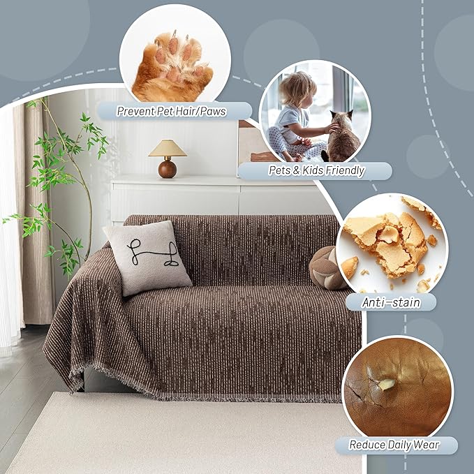 MYSKY HOME Couch Covers for 2 Cushion Couch Sectional Sofa, L Shape Sofa Protector Deep Chocolate Chenille Couch Cover, Sofa Covers Washable Blanket with Tassel Pet Couch Cushion Cover, 71"X102"