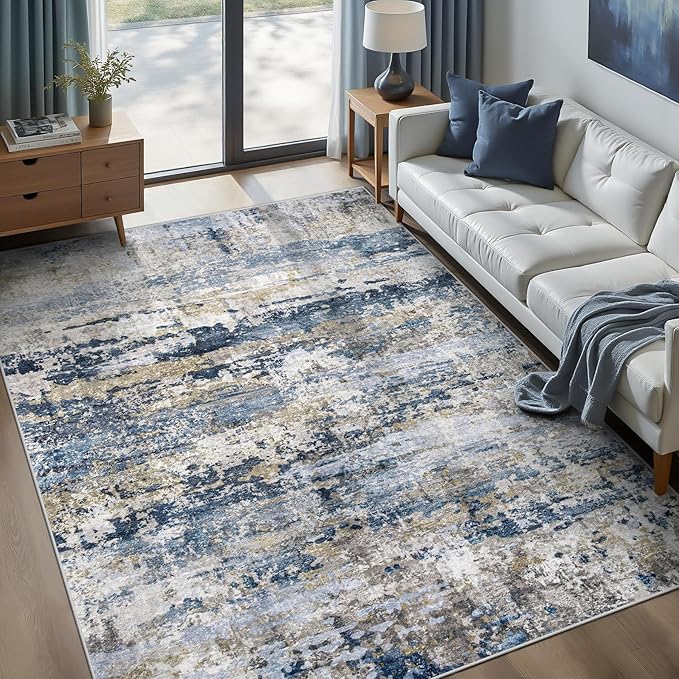 pmtsns Area Rugs 5x7 for Living Room: Washable Rug Modern Abstract Neutral Soft Non-Slip Low-Pile Indoor Carpet for Bedroom Dining Room Playroom Home Office (Blue Grey Brown, 5'x7')