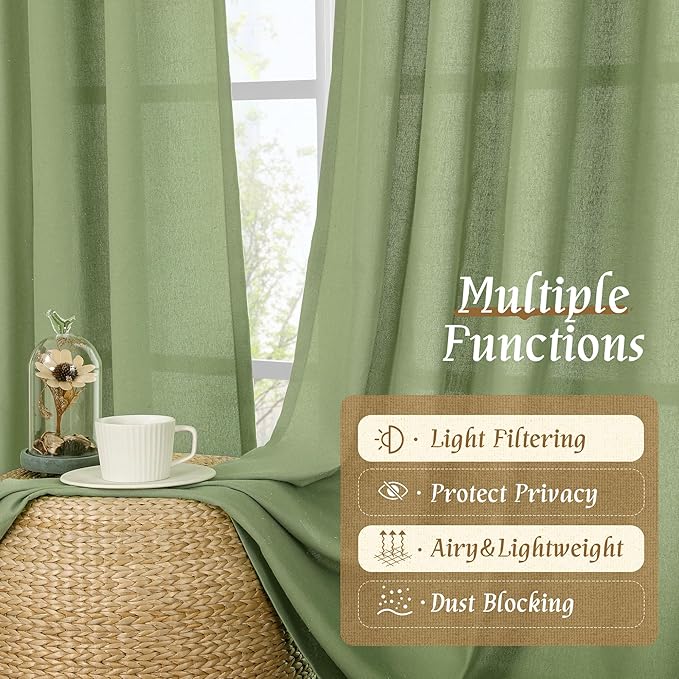 LAMIT Sage Green Linen Curtains for Living Room 84 inch Length 2 Panels, Light Filtering Privacy Panels Rod Pocket Neutral Privacy Drapes for Bedroom/Sliding Glass Door, 52 x 84 Inch