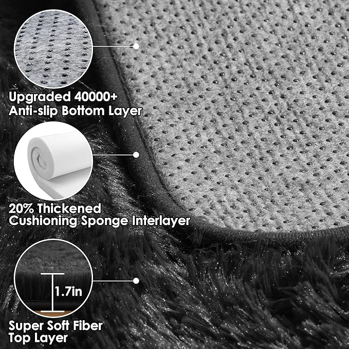 ONASAR Black Rugs for Bedroom, 3x5 Fluffy Bedside Small Area Rug, Soft Plush Fuzzy Shaggy Indoor Floor Carpet for Living Room Nursery College Dorm Teen Kids Girls Boys Home Decor Aesthetic