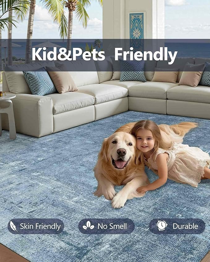 Latte&Fog 9x12 Area Rug for Living Room, Extra Large Blue Modern Abstract Washable Rugs, Boho Non Slip Low Pile Carpet for Indoor Bedroom Dining Room, Office, Dorm, Classroom and Farmhouse - Blue