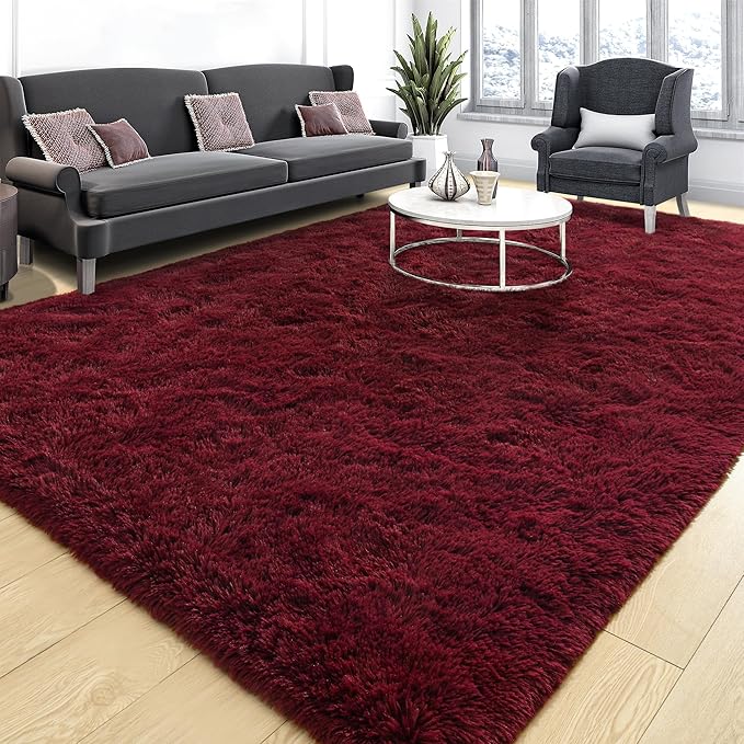 Tepook Area Rugs 9x12 for Living Room, Super Soft Fluffy Rugs for Bedroom, Modern Shaggy Rug Fuzzy Carpets for Kids, Plush Indoor Nursery Home Decor Rug with Non-Slip Bottom, Burgundy Red