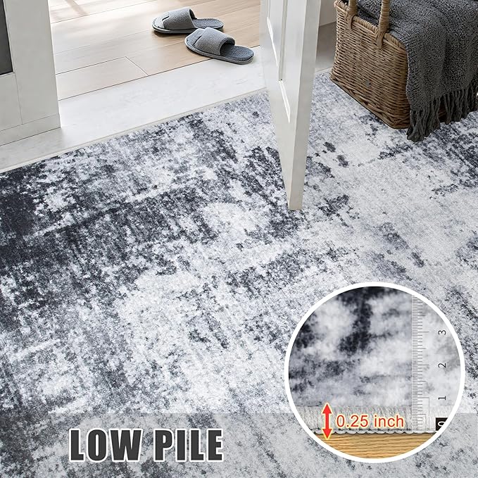 9x12 Area Rug Living Room Rug: Washable Modern Abstract Soft Thin Rug Indoor Floor No Slip Stain Resistant Carpet for Bedroom Dining Room Farmhouse Nursery Home Office - Dark Black