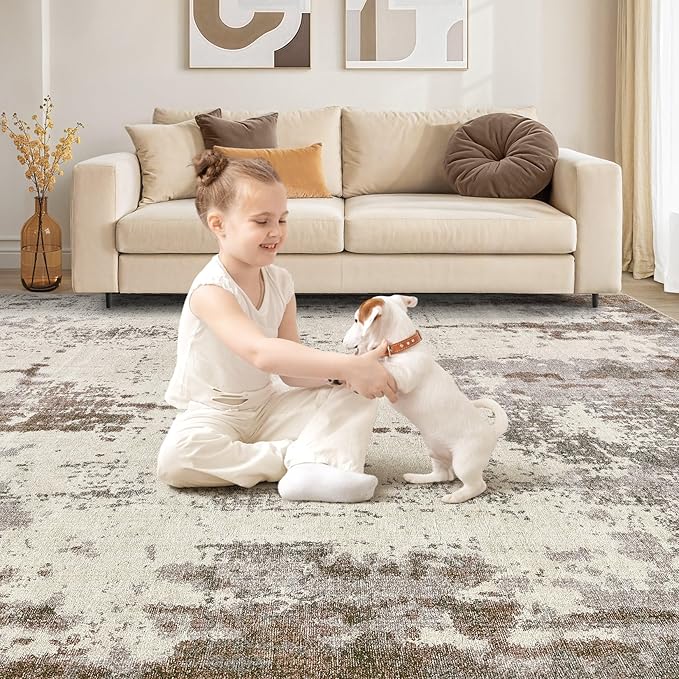 UERMEI 10x12 Area Rug Living Room Rugs - Washable Neutral Modern Abstract Soft Thin Rug Indoor Floor No Slip Rug Carpet for Bedroom Under Dining Table Home Office Decor - Brown/Grey/Beige