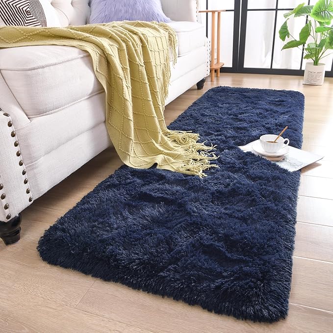 Chicrug Soft Runner Rugs for Bedroom Living Room Plush Fluffy Rug 2x5 Feet, Shag Furry Area Rug Carpet Non Shedding for Nursery Children Kids Girls Room Home Decorative, Navy Blue