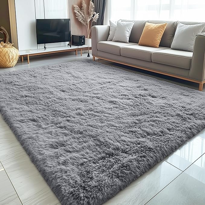 OLANLY 7x7 Machine Washable Large Area Rugs for Living Room, Bedroom, Soft Fluffy Shaggy Bedside Rug, Indoor Floor Carpet for Kids Girls and Boys, Dorms, Nursery, Home Decor Aesthetic, Light Grey