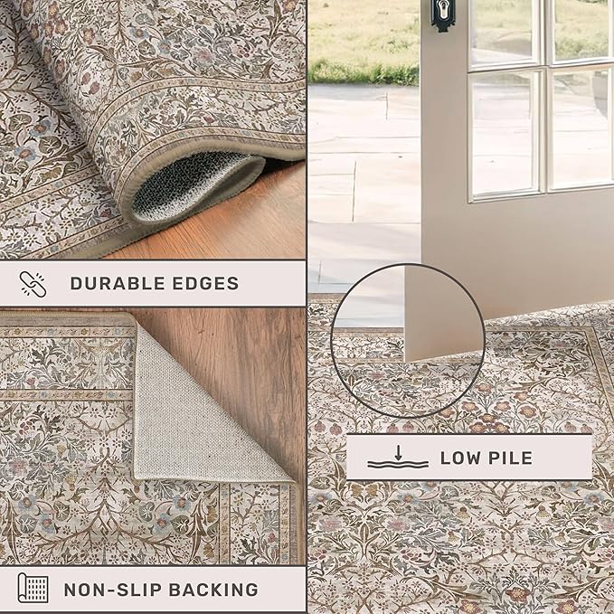 Hazo Haus Moss Green 2x5 Bathroom Rug Runners Non Slip Washable - Neutral Runner Rug for Kitchen Floor, Bedroom, Laundry Room, Hallway - Thin Vintage Oriental Taupe Bathroom Rugs Stain Resistant