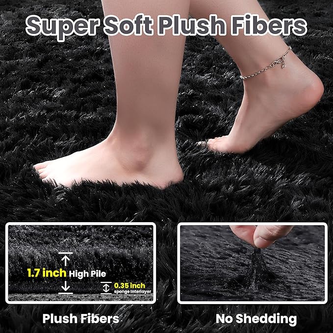 2x6 Bedside Area Rugs for Bedroom: Soft Fluffy Shag Black Rug for Hallway, Non-Slip Fuzzy Plush Living Room Rug Indoor Floor Carpet for Kids Rooms, Dorm, Nursery, Modern Home Aesthetic Decor