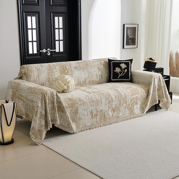 MYSKY HOME Sectional Couch Cover Khaki Geometric Abstract Sofa Covers for Sectional Sofa L Shape Chenille Couch Protector for Dogs Pets Couch Throw Cover Washable Durable for Home Decor, 71" X118"