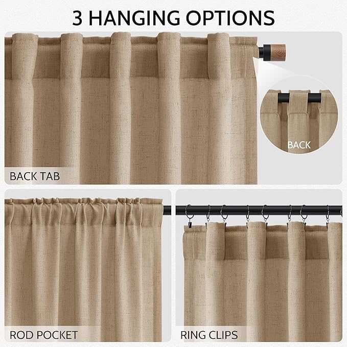 Nanspring Sand Beige Curtains 90 Inches Long for Living Room Linen Blend Semi Sheer Simple Modern Light Filtering Curtains Back Tab Privacy Burlap Textured Curtain for Bedroom Office 52x90, 2 Panels
