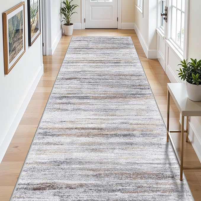 4x12 Runner Rug for Wide Hallway: Long Washable Runners for Entryway Living Room Dining Room - Stain and Water Resistant Rugs with Non-Slip Backing - Soft Low-Pile Carpet Beige Grey