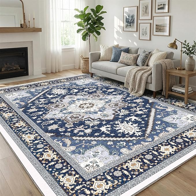 OPPODREAM Soft Area Rugs 5x7, 5x7 Washable Rug with Non Slip Backing, 5 x 7 Faux Cashmere Low-Pile Carpet, Navy Blue & Gold