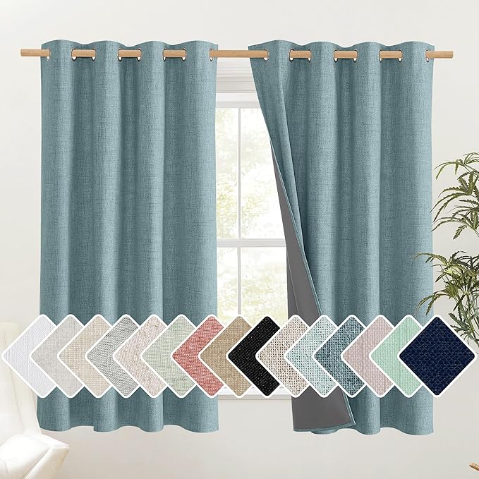 NICETOWN 100% Absolutely Blackout Linen Curtains with Thermal Insulated White Liner, Skylark Blue, 52 inches Wide, 48 inches Length Energy Saving Curtains for Cafe 2 Panels Set, Vertical Blinds
