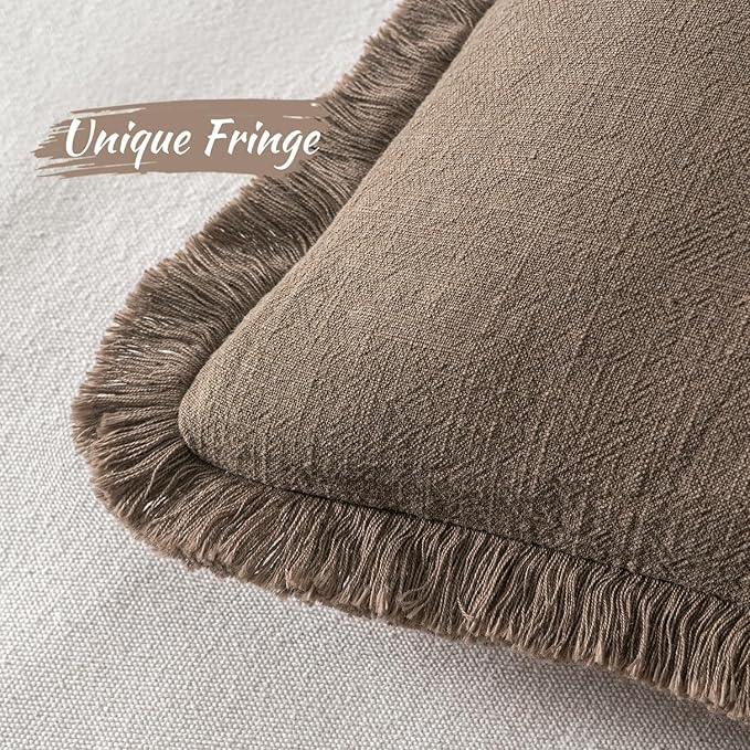 MIULEE Decorative Throw Pillow Covers Neutral Linen Fringe Throw Pillows Set of 2 Cocoa Brown Boho Farmhouse Cushion Covers for Couch Sofa Bed Living Room Spring Home Decor 20x20 Inch