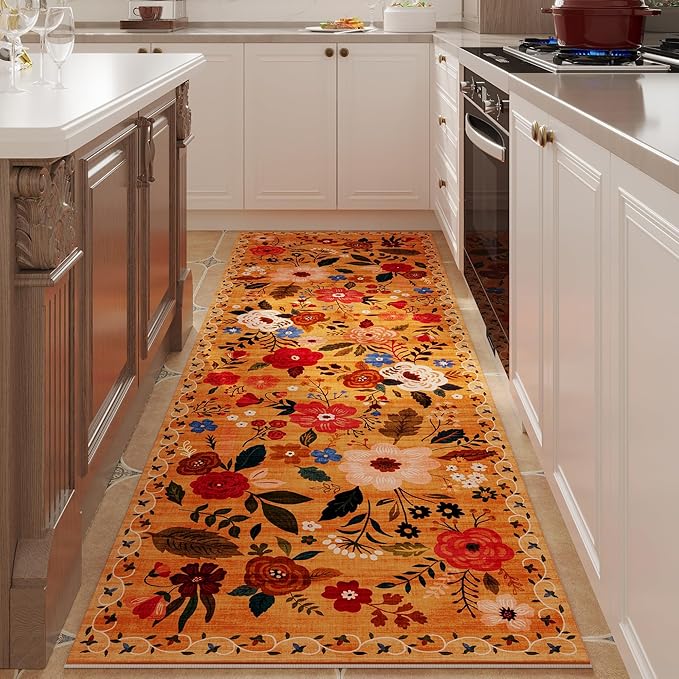 Rugcomf Runner Rug for Kitchen Rug Non Slip 2'x 6' Washable Rugs with Rubber Backing Soft Floral Carpet Runner for Hallways, Kitchen, Laundry, Bedroom, Bathroom(Yellow)