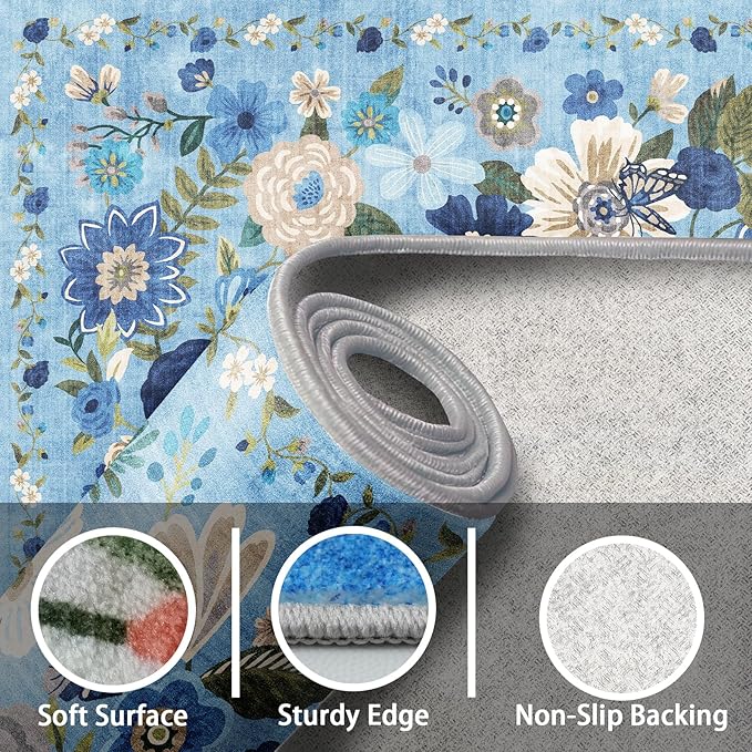 Floral Machine Washable Rug, 3x5 Rug Non Slip Soft Bedroom Rugs for Entryway Dorm, Ultra-Thin Rugs for Bedroom Stain Resistan(3 x 5, Blue Garden)
