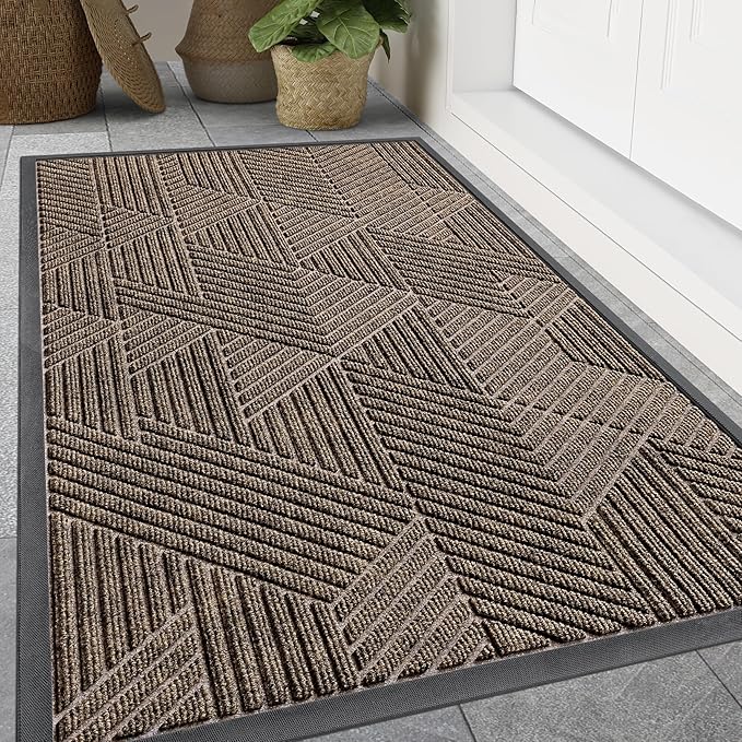 Smiry Front Door Mat Outside Entrance, Heavy Duty Sturdy Natural Rubber Doormat, Trap Dirt and Moisture, Easy Clean Low Profile Mats for Indoor Outdoor Entry, Irregular Triangle (71x47, Brown)