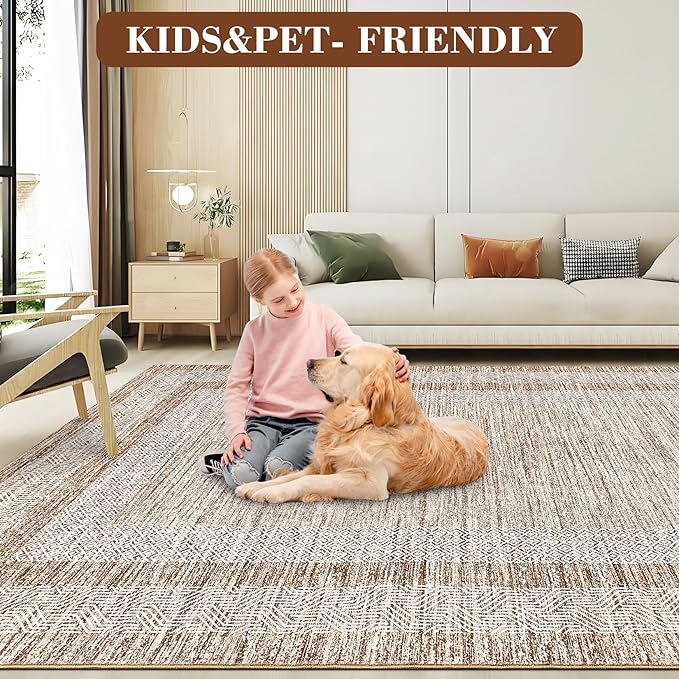 GarveeHome Modern Geometric Area Rug 2x3 Distressed Bordered Washable Non Slip Floor Small Carpet Non Shedding Thin Soft Low Pile Rug, Contemporary Brown Rug for Dining Room, Living Room
