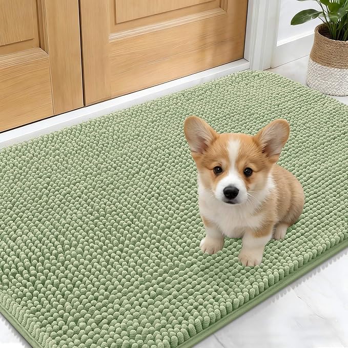 OLANLY Dog Door Mat for Muddy Paws 30x17, Absorbs Moisture and Dirt, Absorbent Non-Slip Washable Doormat, Quick Dry Chenille Mud Mat for Dogs, Entry Indoor Entryway Carpet for Inside Floor, Sage Green