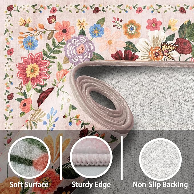 2x5 Entryway Runner Rugs, Non Slip Washable Rugs with Rubber Backing Soft Floral Carpet Runner for Kitchen, Laundry, Bedroom, Bathroom(2 x 5, Beige Garden)