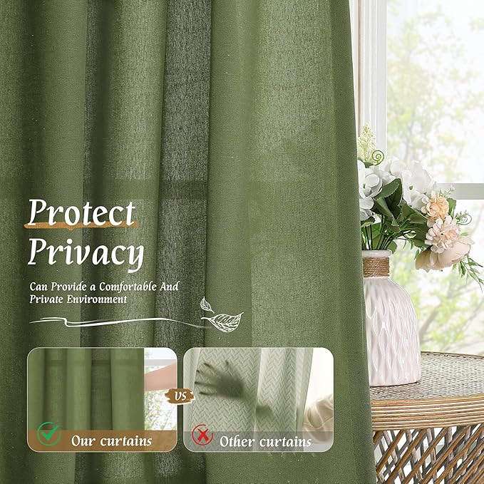 LAMIT Faux Linen Curtains 63 inches Long for Bedroom, Rod Pocket Thick Linen Drapes Light Filtering Privacy Window Christmas Decor Curtains for Living Room, 2 Panels (52 x 63 Inch, Olive Green)