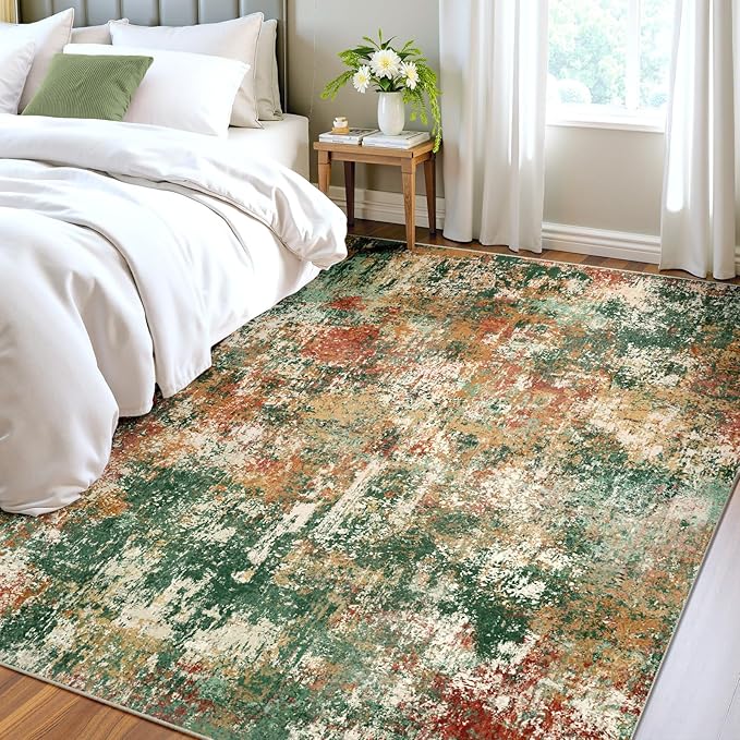 Washable Area Rugs 4'x6' Non-Slip Modern Abstract Soft for Living Room Entryway Bedroom Nursery, Print Pattern, Green Orange Rust Red Cream Colorful