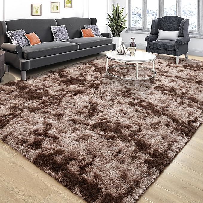 Tepook Soft Fluffy Rugs for Living Room, 5x8 Shaggy Area Rug for Bedroom, Modern Shag Rug Fuzzy Carpets for Kids, Plush Indoor Nursery Home Decor Rug with Non-Slip Bottom, Tie-Dyed Coffee