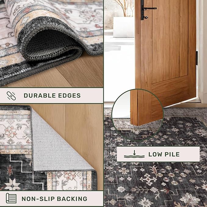 Hazo Haus Black Boho Washable 3x12 Extra Long Runner Rug for Hallway, Waterproof Large Kitchen Floor Rug, Non-Slip Stain & Fade Resistant, Vintage Floral Decor