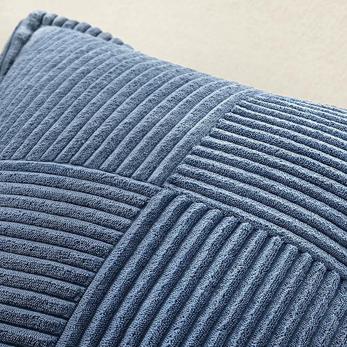 MIULEE Blue Corduroy Pillow Covers 16x16 Inch with Splicing Set of 2 Soft Boho Striped Pillow Covers Broadside Decorative Textured Summer Coastal Pillowcases for Couch Cushion Bed Livingroom