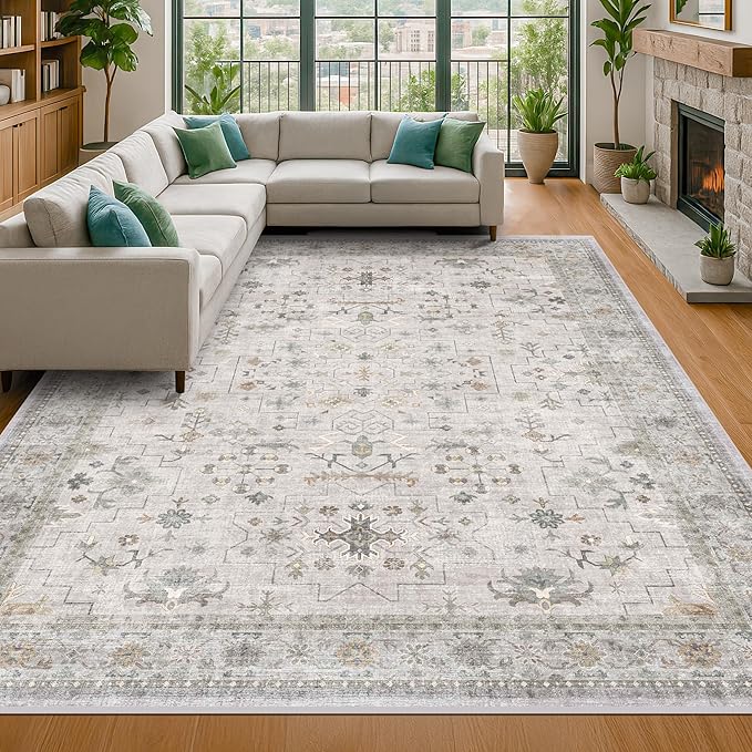 Hazo Haus Boho Light Grey 5x8 Living Room Rug - Modern Vintage Eclectic Floral Pastel Neutral Taupe, Washable Low Pile Non-Slip Large Area Rugs for Nursery Dining Under Table Bedroom Lounge